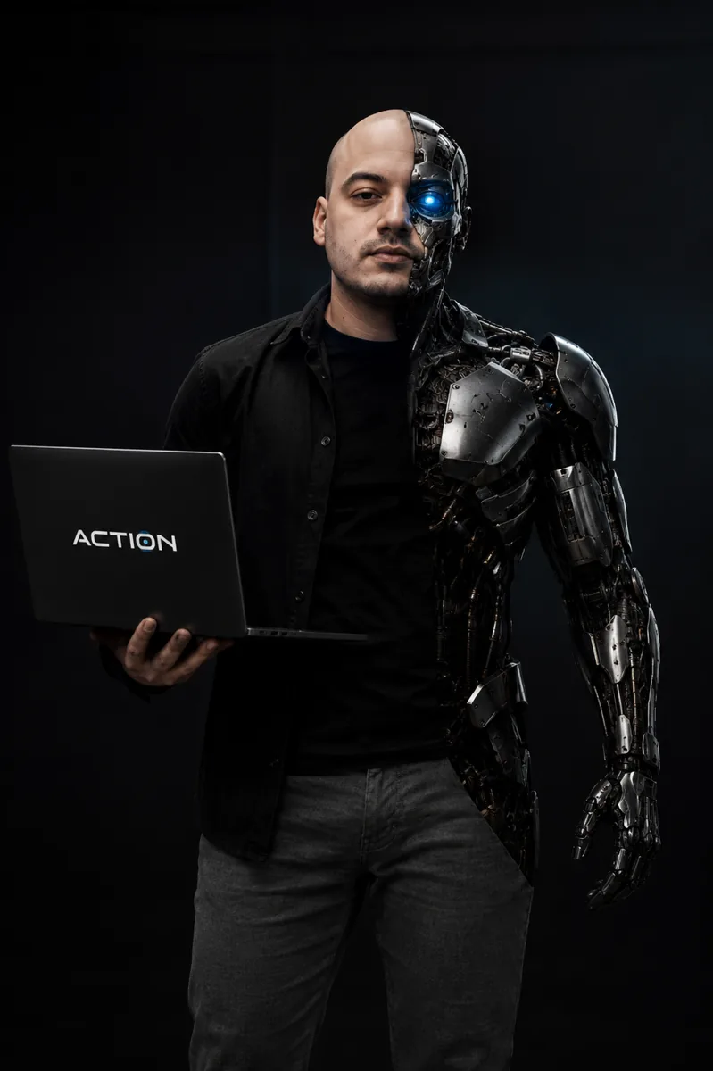Fundador ACTIOn com laptop da marca